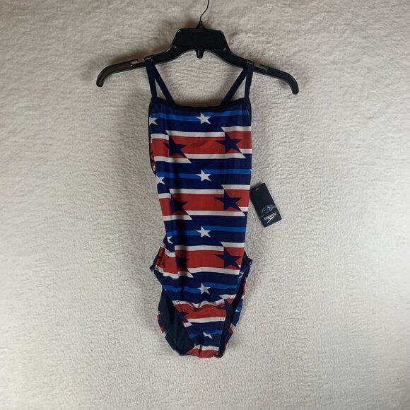 Speedo Vibe One Piece Swimsuit Women 8/34 Blue American Flag Stars Stretch S9817 - Picture 1 of 7